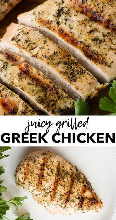 grilled chicken on a plate with parsley next to it and the title overlay reads juicy grilled greek chicken