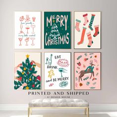 four christmas cards hanging on the wall in front of a bench with a footstool