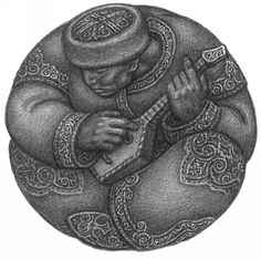 a black and white drawing of a person with a guitar