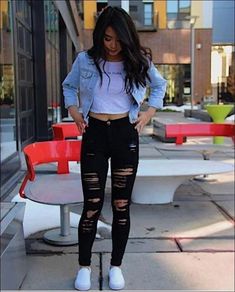 FREE SHIPPING Woman High Waist Push Up Skinny Ripped Jeans Denim Pants JKP3639 2018 Outfits Trends, White Jeans Black Top Outfit, Spring Outfits For School, Teenage Outfits, Best Casual Outfits, Outfit Jeans, Trendy Fall Outfits