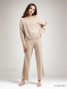 Lasaky - Chic and Leisure Knitted Pants Set with Oversized Sweater and Wide Leg Trousers Wide-leg Knit Pants For Fall, Knit Wide-leg Fall Pants, Fall Wide-leg Knit Pants, Beige Knit Pants For Fall, Fall Knit Beige Pants, Loose Fit Jumpsuit, Loose Fit Sweater, Loose Knit Sweaters, Long Sleeve Jumpsuit