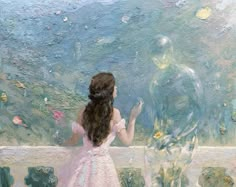 a painting of a girl looking at a man in the distance with bubbles floating over her