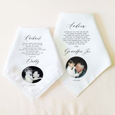 two personalized wedding handkerchiefs with pictures on them