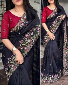 Black Saree With Blouse, Lehenga Jewellery, Half Saree Lehenga, Saree Jewellery, Wedding Silk Saree, Sarees Collection, Black Saree, Indian Attire