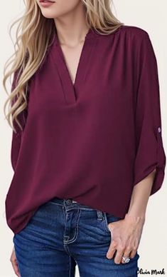 Olivia Mark - Loose Fit Plus Size Casual V-Neck Short Sleeve Solid Color Shirt Casual Solid V-neck Blouse, Casual Solid Color V-neck Blouse, Casual V-neck Plain Blouse, Solid Color Plain V-neck Blouse, Solid Plain V-neck Blouse, Solid V-neck Shirt For Fall, Casual Solid Color Split Neck Tops, Plain V-neck Top, Solid Color Shirt