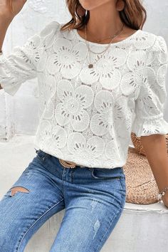 Get ready to flounce in style with the June Flounce Sleeve Blouse! This lacey white top adds a touch of elegance to any outfit, while the flounce sleeves add a playful and unique twist. Perfect for any occasion, this blouse will have you looking and feeling fabulous! Material composition: 70% cotton, 30% polyamide Size US Top Length Shoulder Bust Sleeve Length S 4 25 14.4 37.8 13.6 M 6/8 25.8 15 40.2 13.8 L 10/12 26.6 15.6 42.5 14 XL 14/16 27.4 16.4 45.7 14.2 Elegant White Blouse, Flounce Sleeve Top, Jacquard Top, Elegant Skirt, Jacquard Pattern, Flounce Sleeve, Puff Sleeve Blouse, White Eyelet, Tailored Pants