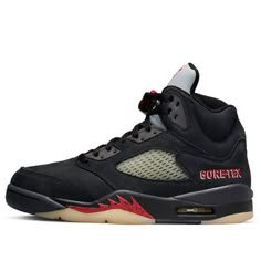 The Air Jordan 5 GORETEX 'OffNoir' is a stylish sneaker perfect for any activity. It features a black and red colorway with a 3M reflective silver tongue, a “23” and “Gore-Tex” branding on the side, and a semi-transparent outsole that has been aged to perfection. The Gore-Tex technology ensures that your feet stay dry and comfortable. This sneaker is inspired by the classic Air Jordan 5 silhouette and is part of the GORETEX series. It is the perfect sneaker for any woman looking for a stylish and comfortable sneaker. (AJ5/SNKR/Retro/Women's/High Top/Basketball/Water Proof) Jordan 5 Goretex Outfit, Perfect Sneakers, Best Rapper Alive, 3m Reflective, Shoes Outfit Fashion, Air Jordan 5 Retro, Shoes Outfit, Woman Looking, Air Jordan 5