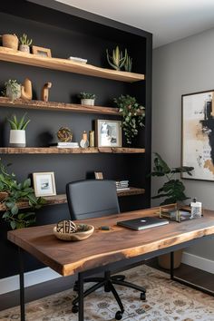 a wooden desk topped with a laptop computer next to shelves filled with plants and potted plants