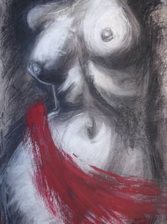 a drawing of a nude woman with red scarf around her neck and breast, in black and white