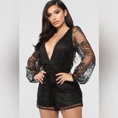 Festival Cute Romper Brand New With Tags Xs/Small Sold Out Black Long Sleeve Jumpsuit For Night Out, Black Long Sleeve Jumpsuit For Date Night, Glamorous Black V-neck Jumpsuit Or Romper, Black V-neck Jumpsuits And Rompers For Evening, Black Party Jumpsuits And Rompers For Spring, Black V-neck Jumpsuit For Evening, Black Jumpsuits And Rompers For Spring Night Out, Chic Black Jumpsuits And Rompers For Night Out, Black Jumpsuits And Rompers For Going Out