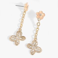 Layer on a peachy state of mind with the beautiful Filigree Butterfly Drop Earrings. These dangling earrings feature a crystal-centered, translucent peach epoxy flower stud with an intricately detailed filigree butterfly at the end of a shiny gold chain. Spring Flower Pierced Earrings, Metal Flower Earrings With Flower Charm, Gold Metal Earrings With Butterfly Charm, Gold Earrings With Butterfly Charm, Elegant Spring Butterfly Jewelry, Metal Pierced Flower Earrings, Elegant Metal Earrings With Flower Charm, Spring Pierced Drop Earrings, Spring Gold Jewelry With Butterfly Charm