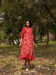 Bliss - Red Embroidered Cotton Silk Floral Dress By Priti Prashant now available at Trendroots Traditional A-line Embroidered Dress, Festive A-line Dress With Floral Embroidery, Traditional Embroidered A-line Dress, Red Floral Print Knee-length Dress, Red Knee-length Dress With Floral Print, Red Embroidered Dress With Resham Embroidery, Red Embroidered Maxi Length Dress, Red Floral Embroidered Dress For Summer, Red Floral Embroidered Summer Dress