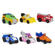 four toy cars are shown in different colors