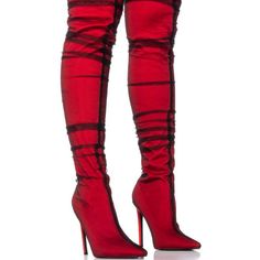 This Season’s “It Shoe” Is The Azalea Wang Transparent Illusions " Red Tulle Covered Boot. The Iconic Thigh High Boot Gets A Modern Upgrade With A Tulle Mesh Overlay, A Stretch Textile Base, And A Pointed Toe Silhouette. Complete With An Elasticated Shaft For A Secure Fit, A Pull-On Fit And A Slim Stiletto Heel. Style With Your Best Little Black Dress For A Stunning Look. - Textile Upper - Thigh High Shaft - Stiletto Heel - Pointed Toe - 21” Shaft Height - 5” Heel Height - 10” Calf Circumference Fitted High Heel Boots With Red Sole, Winter Party Heels With Red Sole, Spring Boots With Red Sole And Fitted Design, Fitted Boots With Red Sole For Spring, Elegant Spring Boots With Red Sole, Red Glamorous Boots, Red Evening Heels For Fall, Glamorous Red Boots, Glamorous Red Fitted Boots