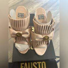 Fausto Puglisi Satin Sandals New Size 37 Includes Box & Dust Bag Designer Slip-on Party Sandals, Luxury Slip-on Heels With Heel Strap, Designer Party Mules With Heel Strap, Designer Closed Toe Party Mules, Luxury Mules With Wrapped Heel And Round Toe, Designer Slip-on Heels With Heel Strap, Designer Closed-toe Sandals For Galas, Designer Closed Toe Sandals For Galas, Designer High Heel Sandals For Galas