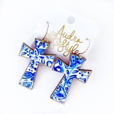 Cross Dangle Earring- Blue and White Floral Print – Audra Style Artisan Blue Earrings, Handmade Artisan Blue Earrings, Artisan Handmade Blue Earrings, Artisan Blue Drop Earrings, Artisan Blue Nickel-free Earrings, Artistic Blue Earrings As Gift, Artistic Hand-painted Blue Earrings, Artistic Blue Earrings With Ear Wire, Unique Hand Painted Blue Earrings