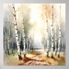 a watercolor painting of a dirt road surrounded by trees