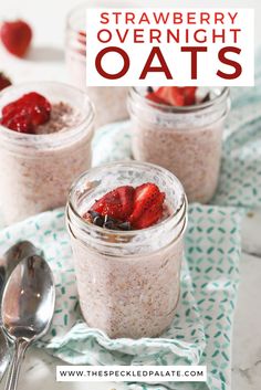 strawberry overnight oats in mason jars with spoons on the side and strawberries