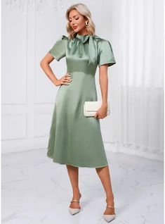 JJ's House No Bow Ruffle Satin Midi High Neck Fall Spring Winter A-line NO Celadon S Height:5.7ft(174cm) Bust:33.5in(85cm) Waist:26in(66cm) Hips:36in(91cm) Tea-Length Dress. #JJ's House #No #Bow #Ruffle #Satin #Midi #HighNeck #Fall #Spring #Winter #Aline #NO #Celadon #S #TeaLength #Dress Feminine Green A-line Midi Dress, Green A-line Midi Dress, Semi-formal A-line Spring Dress, Semi-formal Spring A-line Dress, Spring Semi-formal A-line Dress, Green Short Sleeve Semi-formal Dress, Elegant Pleated Shift Dress, Plain Fitted A-line Dress, Green A-line Dress For Office