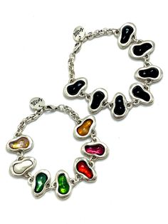 Tra-La-Rá Art Bracelet Made in Spain Length: 7.5” - Material: Silver plated zamac Black Enamel Metal Bangle, Nickel Free Multicolor Metal Bracelets, Multicolor Nickel Free Metal Bracelets, Multicolor Metal Chain Bracelet, Metal Oyster Bracelet Jewelry For Party, Black Enamel Metal Bangle Bracelet, Party Jewelry Metal Oyster Bracelet, Elegant Multicolor Metal Chain Bracelet, Black Enamel Metal Bracelet