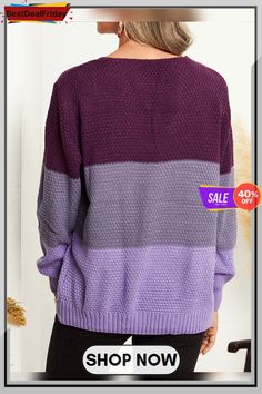 Contrast Color Cable Long Sleeve V-neck Knit Sweater Winter Color Block V-neck Top, Winter V-neck Color Block Tops, V-neck Knit Sweater With Color Block, Knit V-neck Sweater With Color Block Design, Knit V-neck Sweater With Color Block, Long Sleeve Purple Color Block Sweater, Purple V-neck Top For Winter, Purple Knitted Long Sleeve Top, Purple Color Block Sweater For Winter