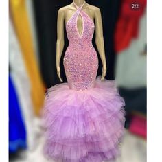 Purple Mermaid Prom Dress, Evening Dresses Pink, Prom Dresses Halter, Pink Prom Dresses Mermaid, Cheap Evening Gowns, Prom Dresses Mermaid, Tiered Prom Dress, Prom Dresses 2023, Sparkly Prom Dresses