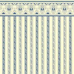 a blue and white striped wallpaper with an ornate design on the bottom half of it