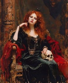 a painting of a woman with red hair sitting in a chair holding a skull and looking at the camera