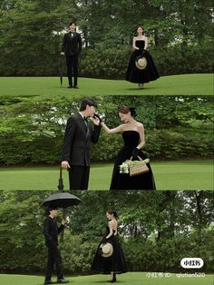 two people dressed in black and one is holding an umbrella