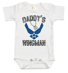 Rapunzie's cute and spirited Baby Onesie with the recognizable American Air Force insignia! Your child will be comfortable and stylish in this onesie because it is made with love from 100% cotton. It's appropriate for all seasons thanks to its basic white color and short sleeves.The eye-catching graphic design on this onesie is its best feature. The iconic United States Air Force logo, which stands for honor, valor, and loyalty, is boldly displayed on the front. The logo's finely crafted element Father's Day Cotton Onesie With Graphic Print, Cotton Bodysuit With Letter Print For Playtime, Father's Day Casual Short Sleeve Onesie, Casual Cotton Bodysuit With Character Print, Cotton Onesie With Letter Print For Playtime, Funny Cotton Fitted Onesie, White Short Sleeve Onesie With Character Print, Cotton Onesie With Graphic Print For Playtime, Blue Cotton Onesie With Character Print