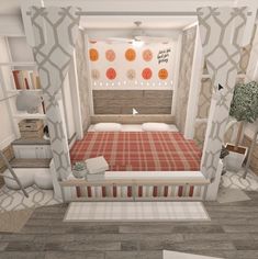 an artist's rendering of a bedroom with orange and white decor on the walls