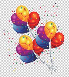 colorful balloons with confetti and streamers on transparent background