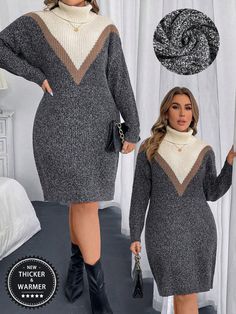 Plus Size Women's Contrast Color Turtleneck Batwing Sleeve Casual Sweater Dress, Autumn/Winter Dark Grey Casual  Long Sleeve Knitwear Colorblock,Geometric  Slight Stretch  Women Plus Clothing, size features are:Bust: ,Length: ,Sleeve Length: Long Sleeve Patchwork Winter Dress, Long Sleeve Patchwork Dresses For Winter, Winter Long Sleeve Patchwork Dresses, Winter Patchwork Long Sleeve Dresses, Long Sleeve Patchwork Sweater Dress For Fall, Sweater Dress Casual, Fitted Cardigan, Casual Sweaters, Boho Women