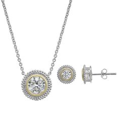 Add a touch of classic elegance to your wardrobe with this 10k gold and sterling silver Taylor Grace cubic zirconia halo necklace and earrings set.Click on this JEWELRY & WATCHES GUIDE to learn about fit, styles, materials and more! Chain length: 18 in. Chain type: rope Pendant length: 11 mm Earring diameter: 9 mm Backings: post Nickel free Metal: 10k gold, sterling silver Finish: polished Packaging: boxedSTONE DETAILS Stone type: cubic zirconia Total weight: 1 5/8 ct. Shape: round Setting: pron Classic White Gold Jewelry Sets With Diamond Accents, Classic Sterling Silver Jewelry Sets With Diamond Accents, Classic Jewelry Sets With Diamond Accents For Anniversary, Classic Diamond Cut Jewelry Sets, Classic Gold Sterling Silver Jewelry Sets, Halo Necklace, Round Halo, Necklace And Earrings Set, Stud Earrings Set