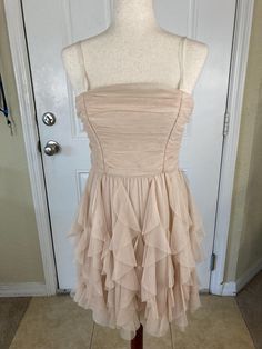 Vintage early 2000's champagne colored sparkly ruffle dress, big fairycore vibes. The shimmer is throughout. Dress can be worn with ribbon straps or strapless, zips in the back. Very good vintage condition.  Measurements laid flat: Pit to pit: 14 in Waist: 12 in Length from top of shoulder strap: 33 in Champagne Color, Dress Clothes For Women, Ruffle Dress, Vintage Y2k, Labour Day, Champagne, Art Collection, Shoulder Strap, Dress Outfits