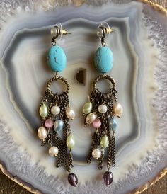 The Turquoise Drop Earrings Bohemian Beaded Chain Dangle Chandelier Earrings, Bohemian Chandelier Earrings With Beaded Chain, Bohemian Beaded Chandelier Dangle Earrings, Turquoise Drop Earrings, Earrings Colorful, Long Drop Earrings, Gorgeous Jewelry, Casual Look, Room Ideas