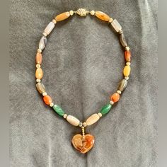 New Gorgeous Vintage Handmade Beaded Necklace With Rare Multicolor Gemstone And Agate Beads And Pretty Heart Pendant. Sturdy, Beautiful Open Box Clasp. Necklace Is 18”. The Pendant Is About 1.5” Long. Never Worn! Heart-shaped Beaded Necklaces With Natural Stones For Gift, Heart-shaped Beaded Necklaces With Natural Stones, Heart-shaped Beaded Necklace With Natural Stones For Gift, Heart-shaped Natural Stones Necklaces For Jewelry Making, Heart-shaped Natural Stone Beaded Necklace For Gift, Multicolor Heart-shaped Gemstone Necklace, Handmade Beaded Necklace, Necklace With Heart, Pretty Heart