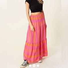 Hale Bob Sasha Maxi Skirt Nwt Made In India Pink/Yellow/Gold Size Small Embroidered Rayon Crinkle Gauze Top Skirt Is Lined Tiered Skirt With Shirring Pink Flowy Lined Maxi Skirt, Flowy Pink Maxi Skirt With Lining, Pink Summer Maxi Skirt For Vacation, Pink Relaxed Maxi Skirt With Elastic Waistband, Pink Tiered Maxi Skirt With Elastic Waistband, Casual Pink Cotton Maxi Skirt, Pink Tiered Skirt For Summer, Pink Tiered Skirt For Vacation, Pink Skirt With Elastic Waistband For Vacation