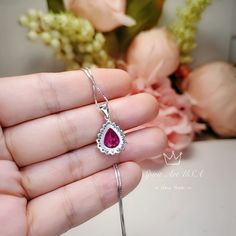 "Fuchsia Gemstone pink topaz Jewelry teardrop Style Gorgeous Unique Artisan design Full Sterling Silver Made Luxury Gemstone Jewelry ◆◆Pendant Main stone: 8*10mm created Pink Fuchsia topaz 2.75 CT Pendant Height ( include bail) : 21mm Pendant Holder (bezel & Bail) : Solid 925 Sterling Silver Accent Stone: Sim Diamond ◆◆ Necklace chain : Platinum gold coated 925 sterling silver Box Chain with length option from 16\" ~20\". The model wearing the default size 18\". 16 inch ≈ 40cm 18 inch ≈ 45cm Fine Jewelry Pink Teardrop Pendant, Diamond Drop Necklace With Gemstone, Pink Teardrop Pendant Fine Jewelry, Formal Pear-shaped Ruby Necklace, Teardrop Diamond Gemstone Necklace, Fine Jewelry Ruby Necklace In Pear Shape, Anniversary Jewelry With Halo Setting In Drop Shape, Formal Ruby Drop Necklace, Anniversary Drop Jewelry With Halo Setting