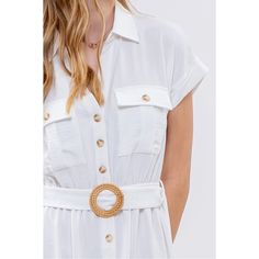 Effortless chic meets laid-back elegance in our August Sky Women's Belted Button-Up Shirt Dress. Featuring a classic spread collar and trendy batwing short sleeves, this dress effortlessly combines style and comfort. The front button-up closure, adorned with two front pockets, adds a touch of utility, while the O-ring belt cinches the waist for a flattering fit. Constructed from lightweight fabric, the U-hemline adds a modern twist. Please note, lighter colors may exhibit a hint of sheerness, em Chic Summer Shirt Dress With Rolled Sleeves, Elegant Shirt Dress With Rolled Sleeves For Spring, Chic Short Sleeve Shirt Dress For Summer, Chic Summer Button-up Shirt Dress, Solid Color Short Sleeve Shirt Dress With Button Closure, Short Sleeve Shirt Dress With Button Closure For Summer, Chic Summer Shirt Dress With Button Closure, Chic Button-up Shirt Dress For Vacation, Chic Short Sleeve Shirt Dress With Button Closure