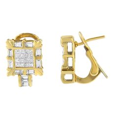 Bold and unique, these 14k yellow gold hoops have an art-deco design with a modern twist. With a total diamond weight of 7/8 cttw, these earrings showcase natural princess and baguette-cut diamonds in channel and invisible settings respectively. With an omega mechanism, you can be assured these will be secure on your ears. Add a touch of old-school glamour to your wardrobe with this elegant and unique piece. Luxury Yellow Gold Hoop Earrings With Baguette Diamonds, Gold Baguette Diamond Huggie Earrings For Formal Occasions, Gold Hoop Earrings With Baguette Diamonds For Anniversary, Formal Gold Huggie Earrings With Baguette Diamonds, Luxury Yellow Gold Huggie Earrings With Baguette Diamonds, Luxury Gold Hoop Earrings With Baguette Diamonds, Luxury Gold Hoop Earrings Baguette Cut, Luxury Gold Baguette Cut Hoop Earrings, Formal 14k Gold Hoop Earrings With Baguette Diamonds