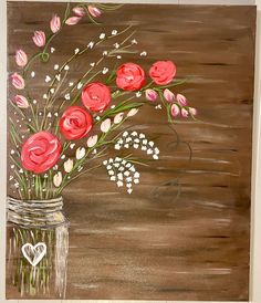 a painting of flowers in a mason jar on a brown background with white and pink flowers