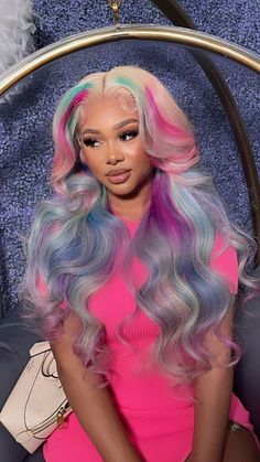 Long Wave Blonde To Gray Purple Pink Wigs Synthetic Heat Wig Lace Front Costume Hair Colorful, Frontal Wig Hairstyles, Cute Hair Colors, Rainbow Hair Color, Creative Hair Color, Blue Wig, Dyed Hair Inspiration, Frontal Hairstyles, Pink Wig