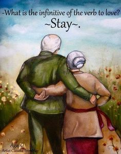 an older couple hugging each other with the words love more care more we may enjoy physical things, but they don't satisfy