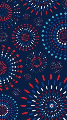 red, white and blue fireworks are in the air on a dark background with stars