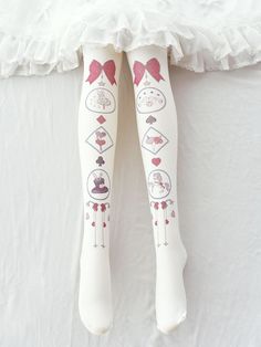 Print Design Lolita Tights Cute Fitted Thigh-high Tights, Cute White Fitted Bottoms, Cute White Stretch Tights, Cute Fitted White Bottoms, Cute Thigh High Stretch Tights, Cute Stretch White Tights, Cute Stretch Thigh-high Tights, Cute White Stretch Hosiery, Cute Stretch White Hosiery