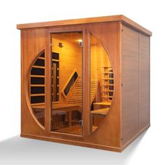 an indoor saunat with the doors open to show it's inside and outside