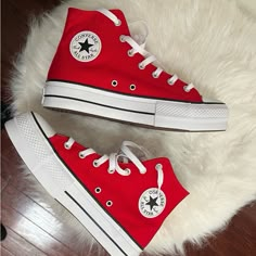 These Shoes Run Large So We Ordered A Smaller Size. They Have Never Been Worn. Converse Does Not Take Exchanges. Shoes For Women Converse, Bright Red Converse, Red Round Toe Canvas Shoes, Red Platform Converse, Red Shoes Aesthetic, Red Converse Aesthetic, Color Block Converse, Red Hightop Converse, Cute Red Shoes