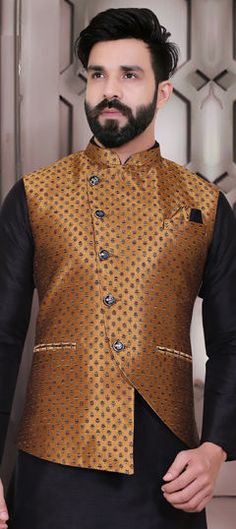 Gold color Nehru Jacket in Brocade fabric with Printed work Engagement Reception, Reception Lehenga, Nehru Jacket, Nehru Jackets, Brocade Fabric, Super Sale, Jacquard Fabric, Salwar Kameez, Lehenga