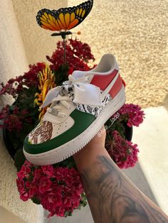 Mexican Flag Custom Shoes Streetwear Custom Sneakers With Leather Sole, Custom High-top Sneakers With Branded Heel, Leather Skate Shoes With Branded Heel And Round Toe, Multicolor Leather Sneakers, Leather Skate Shoes With Branded Heel Counter, Multicolor Leather Closed Toe Sneakers, Green Closed Toe Leather Sneakers, Green Leather Closed Toe Sneakers, Green Sneakers With Leather Sole For Streetwear